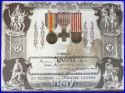 1914 1918 Tableau Sous Vitre En Memoire De La Grande Guerre 3 Medailles C1064