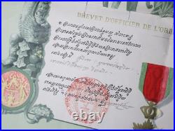 Ancien Brevet Diplôme Médaille officier Ordre Royal du Cambodge 1893