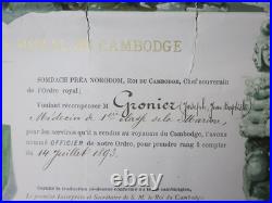Ancien Brevet Diplôme Médaille officier Ordre Royal du Cambodge 1893
