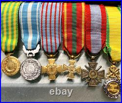 Barrette de 7 médailles militaires en réduction Indo, Algérie. N° 751