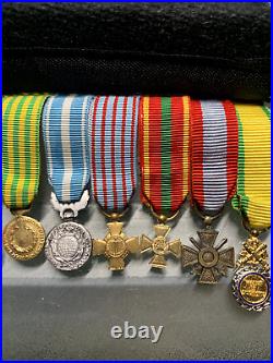 Barrette de 7 médailles militaires en réduction Indo, Algérie. N° 751