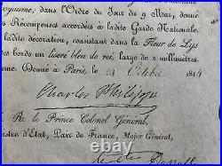 DIPLOME AUTORISANT Mr BUFFAULT à PORTER, DECORATION DE L'ORDRE DU LYS 24/8/1814