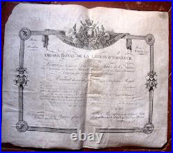 DIPLOME DE LA LEGION D'HONNEUR donné par l'Empereur en 1811 echangé en 1817