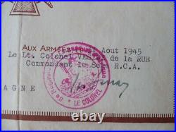 DIPLÔME MÉDAILLE CITATION 8° RCA WWII CHASSEURS AFRIQUE LIBERATION 1945 + Certif