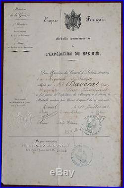 Diplome Médaille Expedition MEXIQUE LEGION ETRANGERE Officier Mexico 1866 19e