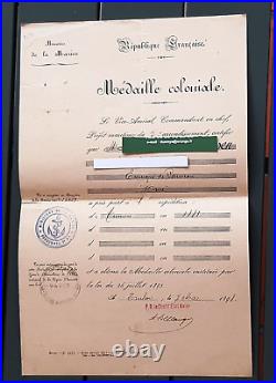 Diplôme Médaille Coloniale 1898 Min. Marine Officier embarqué TUNISIE 1881