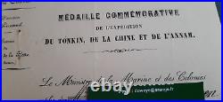 Diplôme Médaille Tonkin Chine Annam 1886 Ministère Marine Officier embarqué