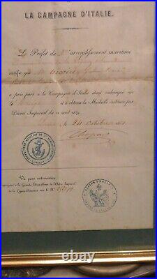 Diplome brevet medaille militaire campagne d italie 1861 napoleon 3