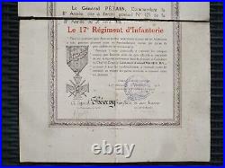Ensemble diplômes médailles citations 170° Div Inf / 17° Rgt Infanterie 14 18