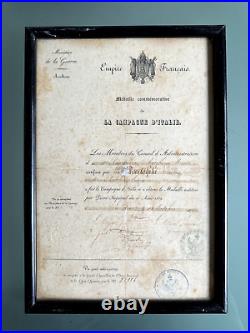 France Diplome Médaille De La Campagne D'italie 1859 Régiment Artillerie Monté