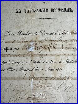 France Diplome Médaille De La Campagne D'italie 1859 Régiment Artillerie Monté