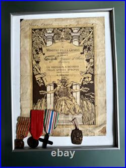 Italie Ww1 Brevet De La Médaille Guerre 1914-1918 Avec 4 Médailles Italiennes
