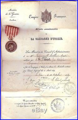 Médaille Campagne d'ITALIE 1859 Napoléon III avec son diplôme