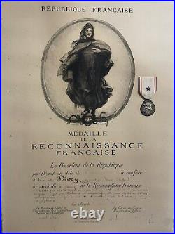 Rare Diplome et médaille en vermeil de la reconnaissance française