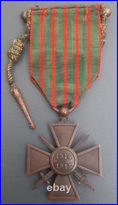 WW1 Croix de Guerre 1915 avec Fourragère bronze 1914-1918 ORIGINAL FRENCH MEDAL
